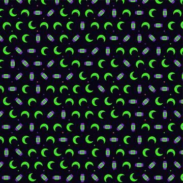 Seamless vector illustration featuring glowing green crescents and abstract.. Stock Illustration