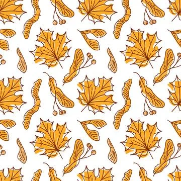 Seamless vector illustration featuring playful doodles of maple leaves and .. Stock Illustration