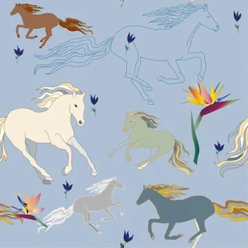 Seamless vector illustration, pattern with the image of horses and flowers, i Stock Illustration