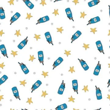 Seamless vector illustration. Underwater world with bottle of cocktail, starfish Stock Illustration