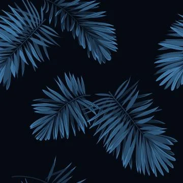 Seamless vector indigo blue pattern with monstera palm leaves on dark background 库存插图