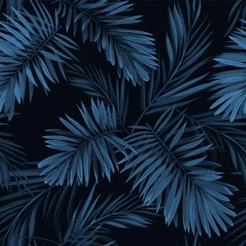 Seamless vector indigo blue pattern with monstera palm leaves on dark background Stock Illustration