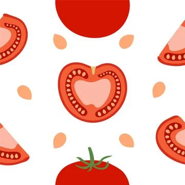 Seamless vector kitchen pattern of red tomatoes and tomato slices. Illustrazione stock