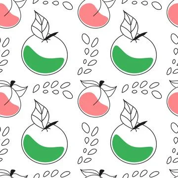 Seamless vector linear contour pattern of apples and peaches Stock-Illustration