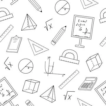 Seamless vector monochrome pattern with doodles science and math. Outline Stock Illustration