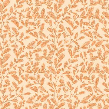 Seamless vector orange color line leaf and twig pattern on beige background. Stock Illustration
