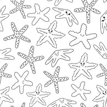 Seamless vector outline cartoon pattern of sea stars. Smiling starfish with e Stock Illustration