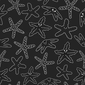 Seamless vector outline cartoon pattern of sea stars. Smiling starfish with e Stock Illustration