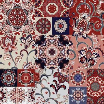 Seamless vector patchwork tile with fantasy hand draw flowers and mandalas 스톡 일러스트