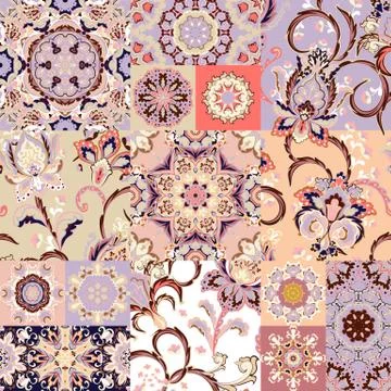 Seamless vector patchwork tile with paisley and mandala in pastel colors イラスト素材