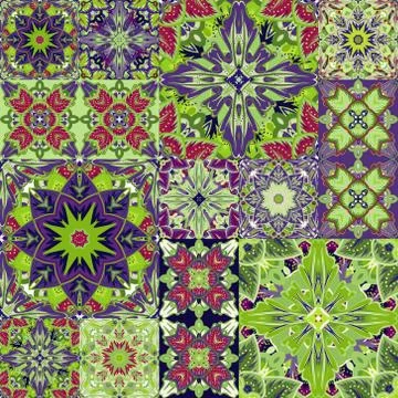 Seamless vector  patchwork tile with Victorian motives in colorful.  Background 스톡 일러스트
