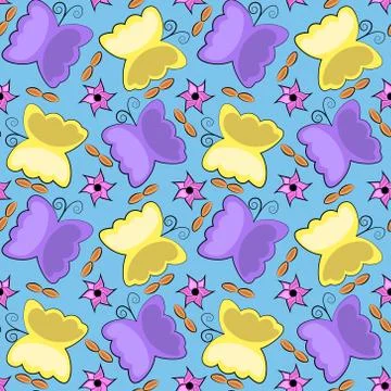 Seamless vector pattern with abstract butterflies and flowers Stock Illustration