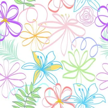 Seamless vector pattern abstract flowers and tropical leaves on white backgro イラスト素材