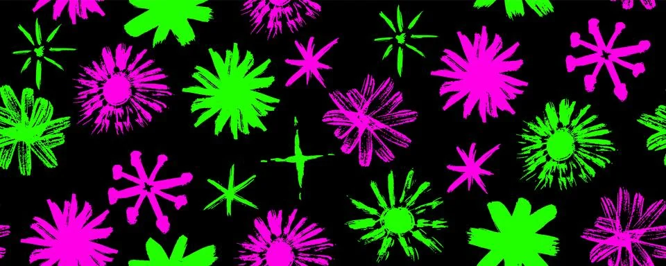 Seamless vector pattern with acid green and pink handdrawn flowers, graffiti Stock Illustration