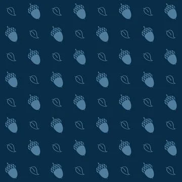 Seamless vector pattern with acorns and leaves on dark blue background. Stock Illustration