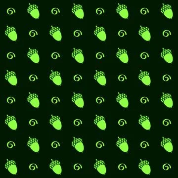 Seamless vector pattern with acorns and scrolls on dark green background. Illustrazione stock