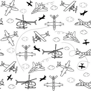 Seamless vector pattern aircraft and helicopter, black and white on white bac イラスト素材