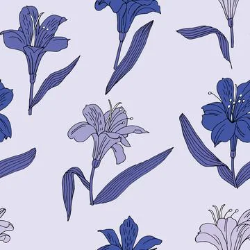 Seamless vector pattern with alstroemeria of different colors on a lilac ba.. Stock Illustration