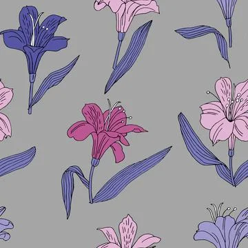 Seamless vector pattern with alstroemeria of different colors on a gray bac.. Stock Illustration