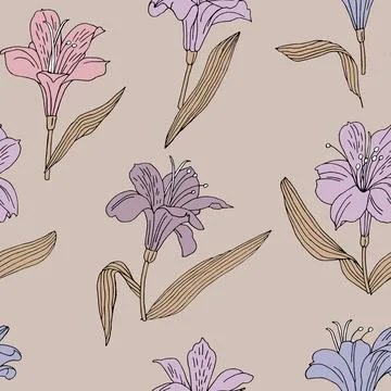 Seamless vector pattern with alstroemeria of different colors on a beige ba.. Stock Illustration