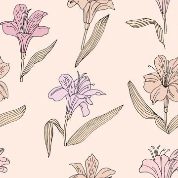 Seamless vector pattern with alstroemeria of different colors on a beige ba.. Stock Illustration