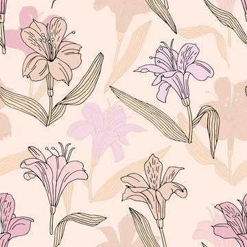 Seamless vector pattern with alstroemeria of different colors on a beige ba.. Stock Illustration