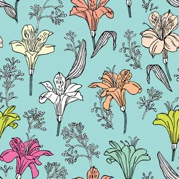 Seamless vector pattern with alstroemeria of different colors on a turquois.. Stock Illustration