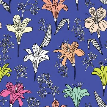 Seamless vector pattern with alstroemeria of different colors on a lilac ba.. Stock Illustration