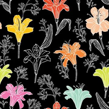 Seamless vector pattern with alstroemeria of different colors on a black ba.. Stock Illustration