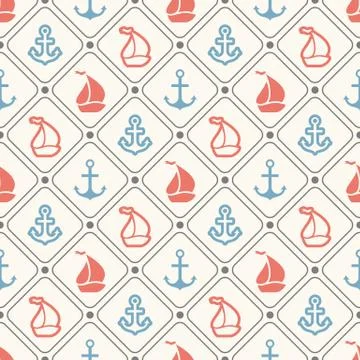 Seamless vector pattern of anchor, sailboat shape and line Stock Illustration