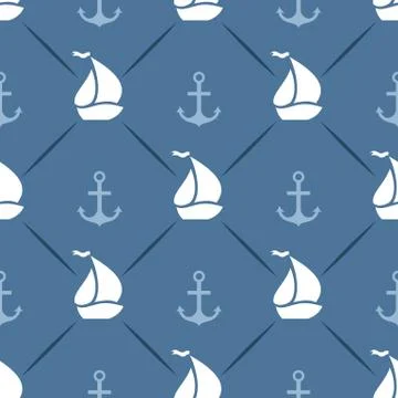 Seamless vector pattern of anchor, sailboat shape and line Stock Illustration
