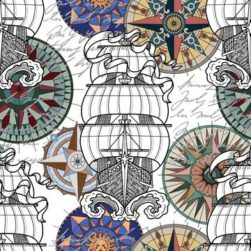 Seamless vector pattern with ancient sailing ships Illustrazione stock