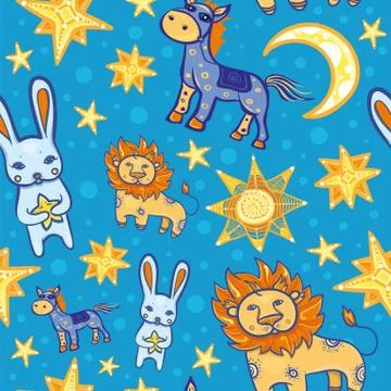 Seamless vector pattern with animals and stars at night Stock Illustration