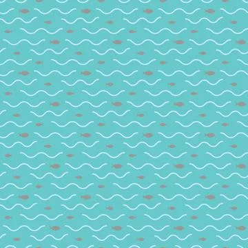 Seamless vector pattern with animals under water. fish and wave on blue backg 스톡 일러스트