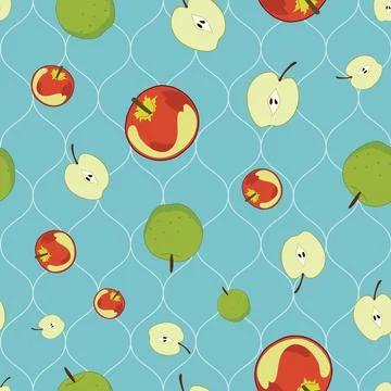 Seamless vector pattern with apple fruit on blue wavy background 스톡 일러스트