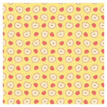 Seamless vector pattern of apples. Apples cut and whole on a yellow background. Stock Illustration