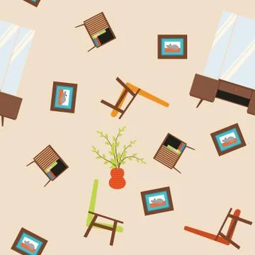 Seamless vector pattern with armchairs, paintings, mirrors and nightstand Stock Illustration