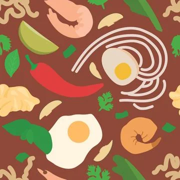 Seamless Vector Pattern of Asian Soup Components Including Noodles, Eggs, Shrimp Stock Illustration