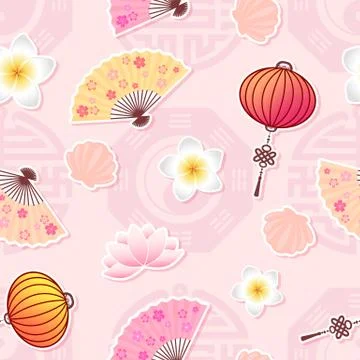 Seamless vector pattern with asian symbolic elements and signs  isolated on p Stock Illustration