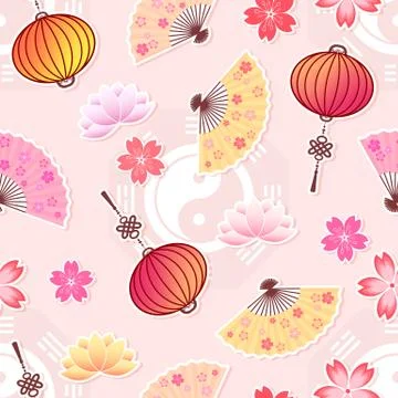 Seamless vector pattern with asian symbolic elements and signs  isolated on p Stock Illustration