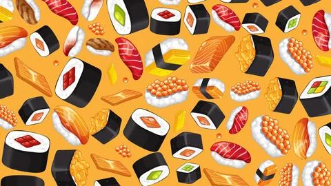 Seamless Vector Pattern of Assorted Japanese Sushi and Maki Rolls イラスト素材