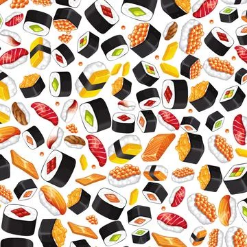 Seamless Vector Pattern of Assorted Japanese Sushi and Seafood Rolls イラスト素材