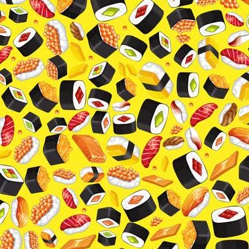 Seamless Vector Pattern of Assorted Japanese Sushi on Yellow Background 스톡 일러스트