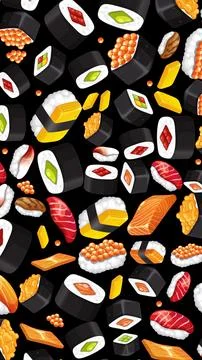 Seamless Vector Pattern of Assorted Japanese Sushi on Black Background Illustrazione stock