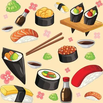 Seamless Vector Pattern of Assorted Japanese Sushi and Condiments Stock Illustration