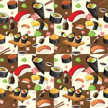 Seamless Vector Pattern of Assorted Sushi and Japanese Cuisine Elements Stock Illustration