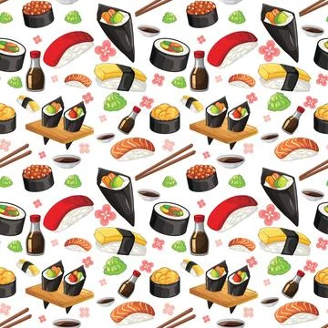 Seamless Vector Pattern of Assorted Sushi and Japanese Cuisine Elements 스톡 일러스트