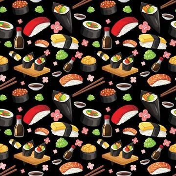 Seamless Vector Pattern of Assorted Sushi and Japanese Cuisine Elements 库存插图
