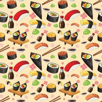 Seamless Vector Pattern of Assorted Sushi and Japanese Cuisine Elements 库存插图