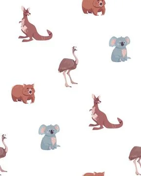 Seamless vector pattern with australian animals, kangaroo, wombat, ostrich Stock Illustration